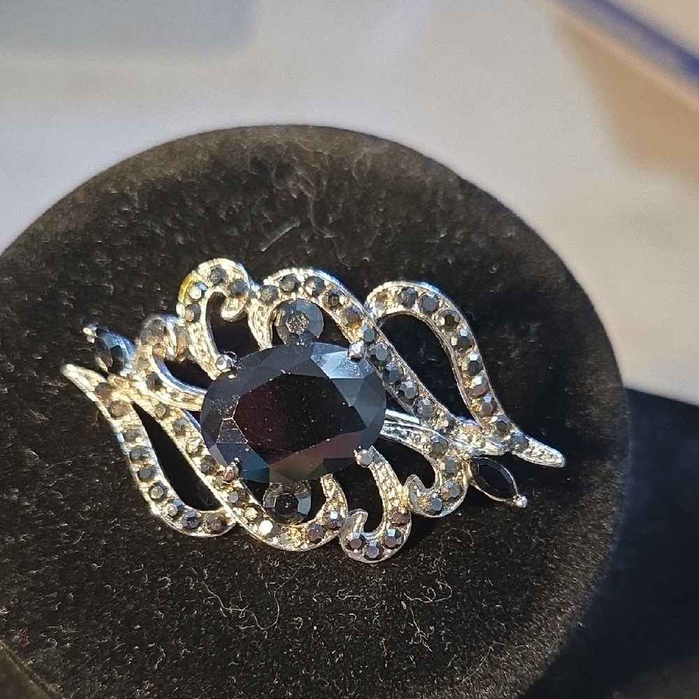 Elegant Silver and Black Gemstone Brooch